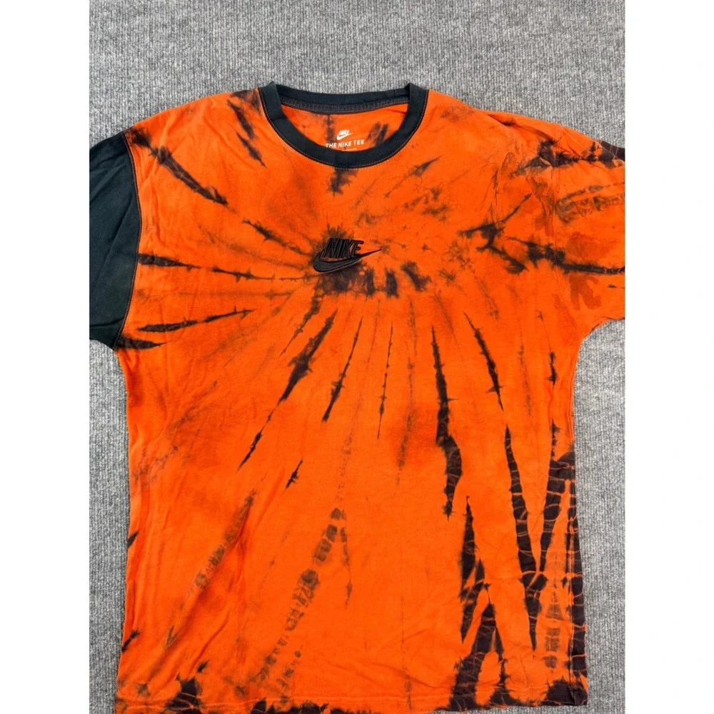 Nike Vintage Tie Dye T-Shirt Mens Medium Orange Black Graphic Swoosh Y2K 90s Tee